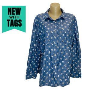 *NEW* Faded Glory [2X] Floral Chambray Style Button Up (2329)